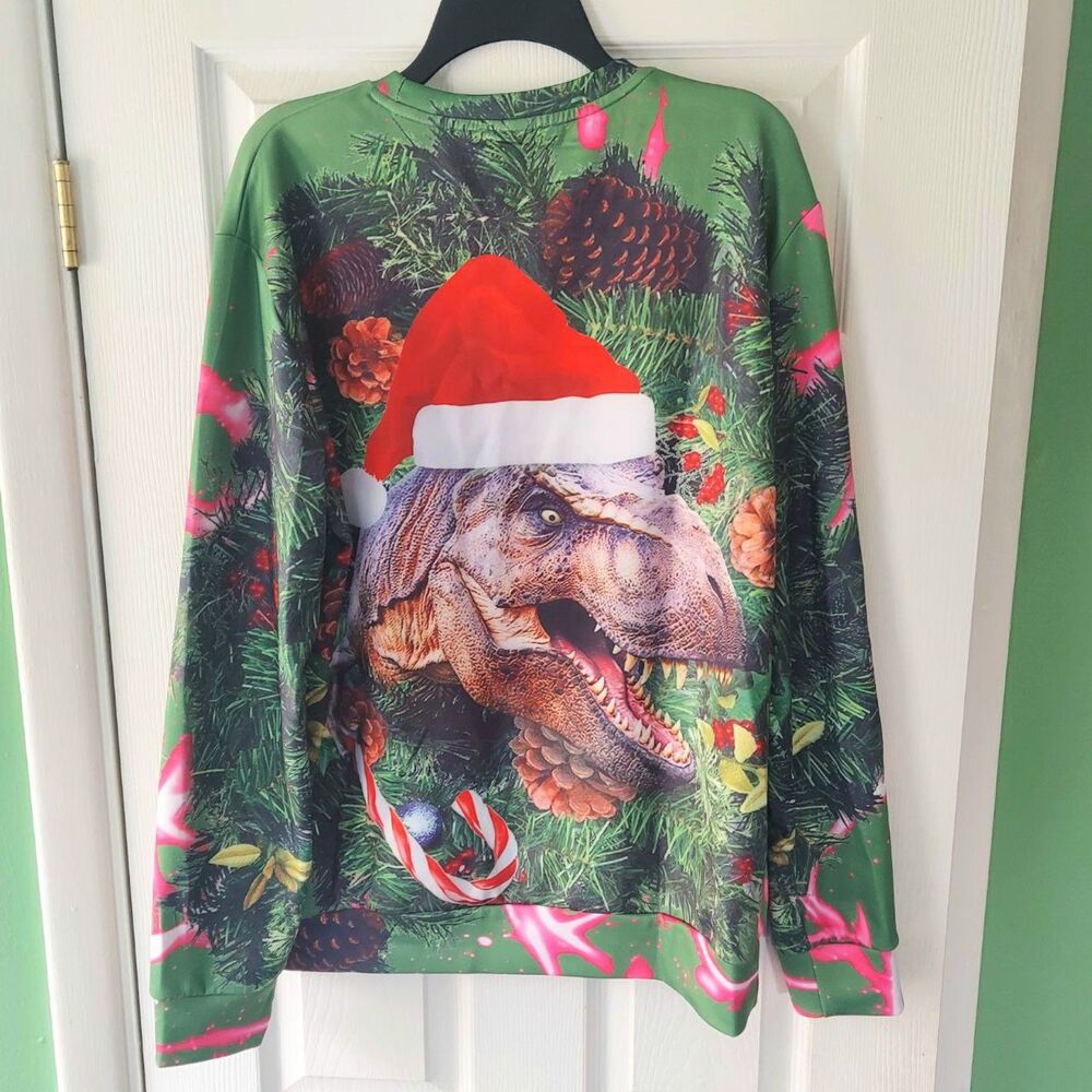 3D Print Ugly Christmas Pullover Santa Hat T-Rex Dinosaur Xmas Top - Picture 3 of 3
